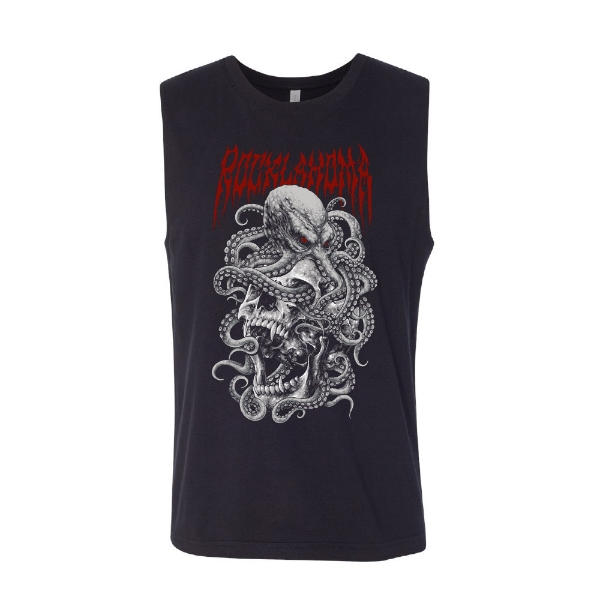 Black tank top with red and white graphic of an octopus-wrapped skull and Rocklahoma 2025 text.