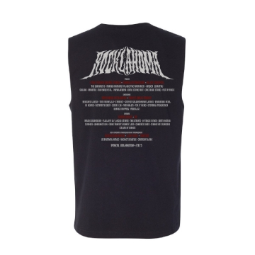 Black tank top with red and white graphic of an octopus-wrapped skull and Rocklahoma 2025 text.