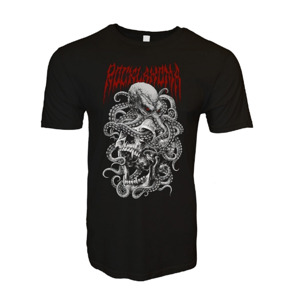 Black Rocklahoma 2025 t-shirt featuring a detailed octopus and skull illustration with red Rocklahoma text above