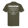 Rocklahoma Crest Tee back view featuring full artist lineup text on olive green background.