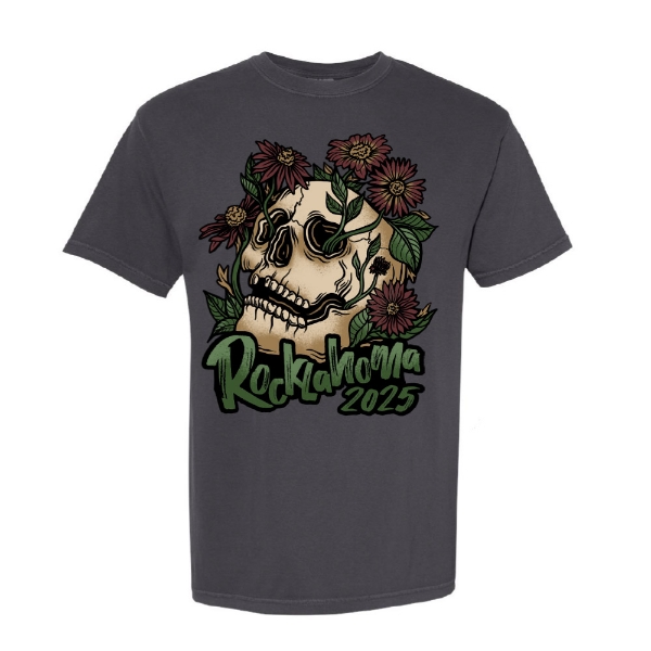 Front view of Skull & Bloom Rocklahoma 2025 tee with floral skull graphic on charcoal shirt
