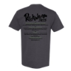 Back view of Skull & Bloom Rocklahoma tee listing 2025 band lineup in green and black print