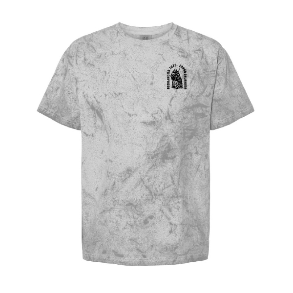 Grayscale tee with small front chest print featuring a hooded reaper and "Rocklahoma 2025 Pryor, Oklahoma" in black ink.