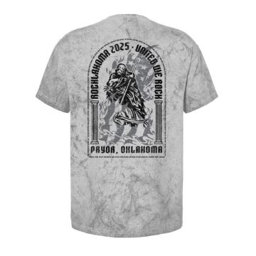 Grayscale tee with small front chest print featuring a hooded reaper and "Rocklahoma 2025 Pryor, Oklahoma" in black ink.