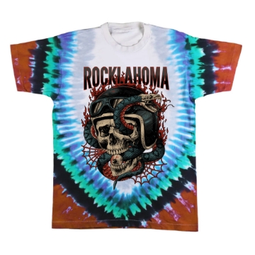 Colorful tie-dye t-shirt with a skull wearing biker goggles wrapped in red and teal snakes, "Rocklahoma" printed above.