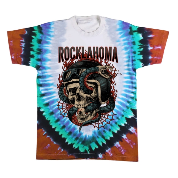 Colorful tie-dye t-shirt with a skull wearing biker goggles wrapped in red and teal snakes, "Rocklahoma" printed above.