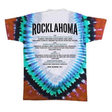 Colorful tie-dye t-shirt with a skull wearing biker goggles wrapped in red and teal snakes, "Rocklahoma" printed above.