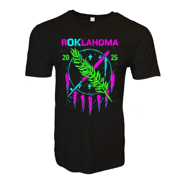 Black t-shirt with vibrant dreamcatcher-style graphic and neon “ROKLAHOMA 2025” text