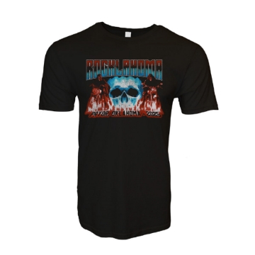 Rocklahoma 2025 Burnout Tee front view with skull and motorcycle riders in flames