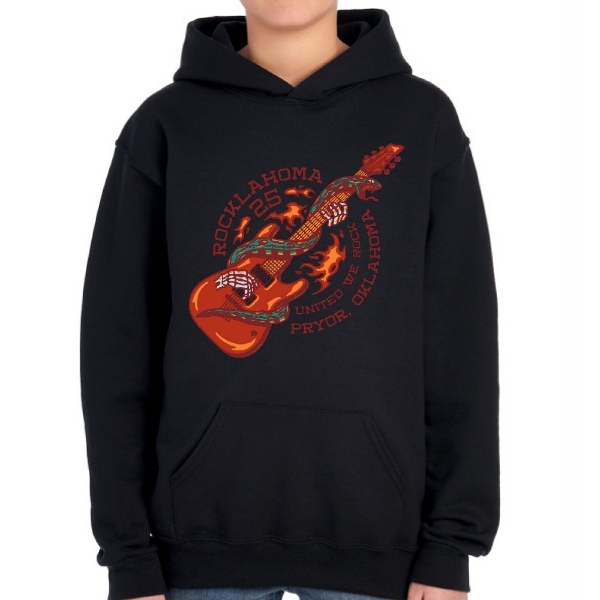 Rocklahoma 2025 youth hoodie with flaming guitar and skeleton hand design