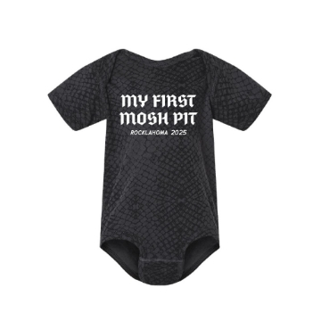 Rocklahoma 2025 baby onesie with “My First Mosh Pit” printed on black snakeskin fabric
