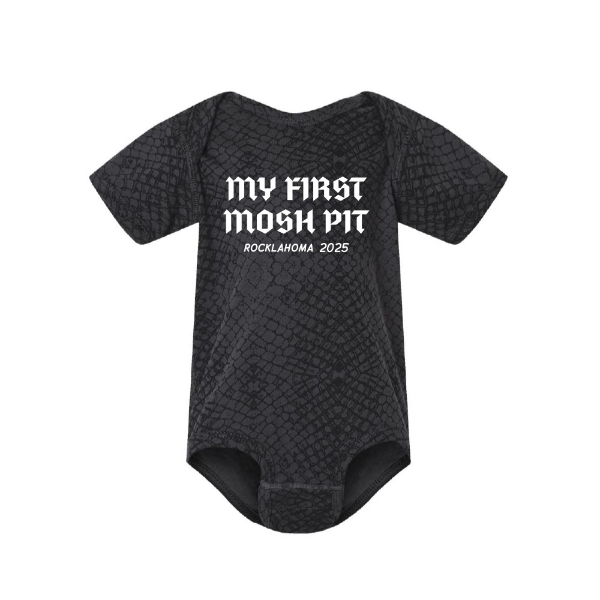 Rocklahoma 2025 baby onesie with “My First Mosh Pit” printed on black snakeskin fabric